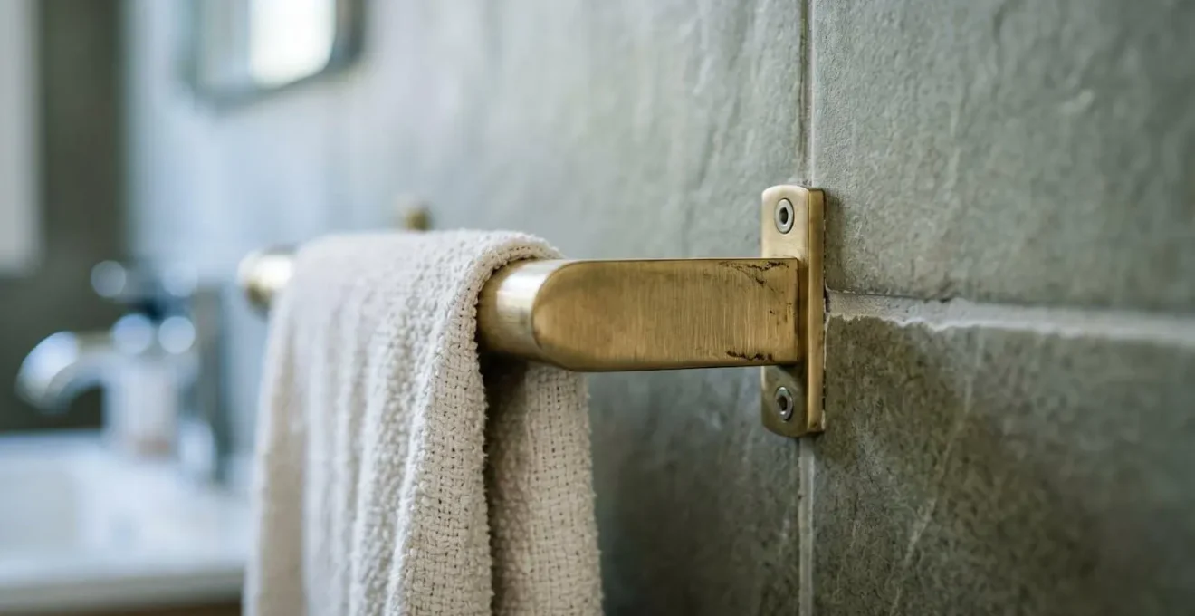 Détail d'une salle de bain où un porte-serviette design en laiton brossé fait également office de barre d'appui, illustrant l'intégration esthétique d'une aide technique
