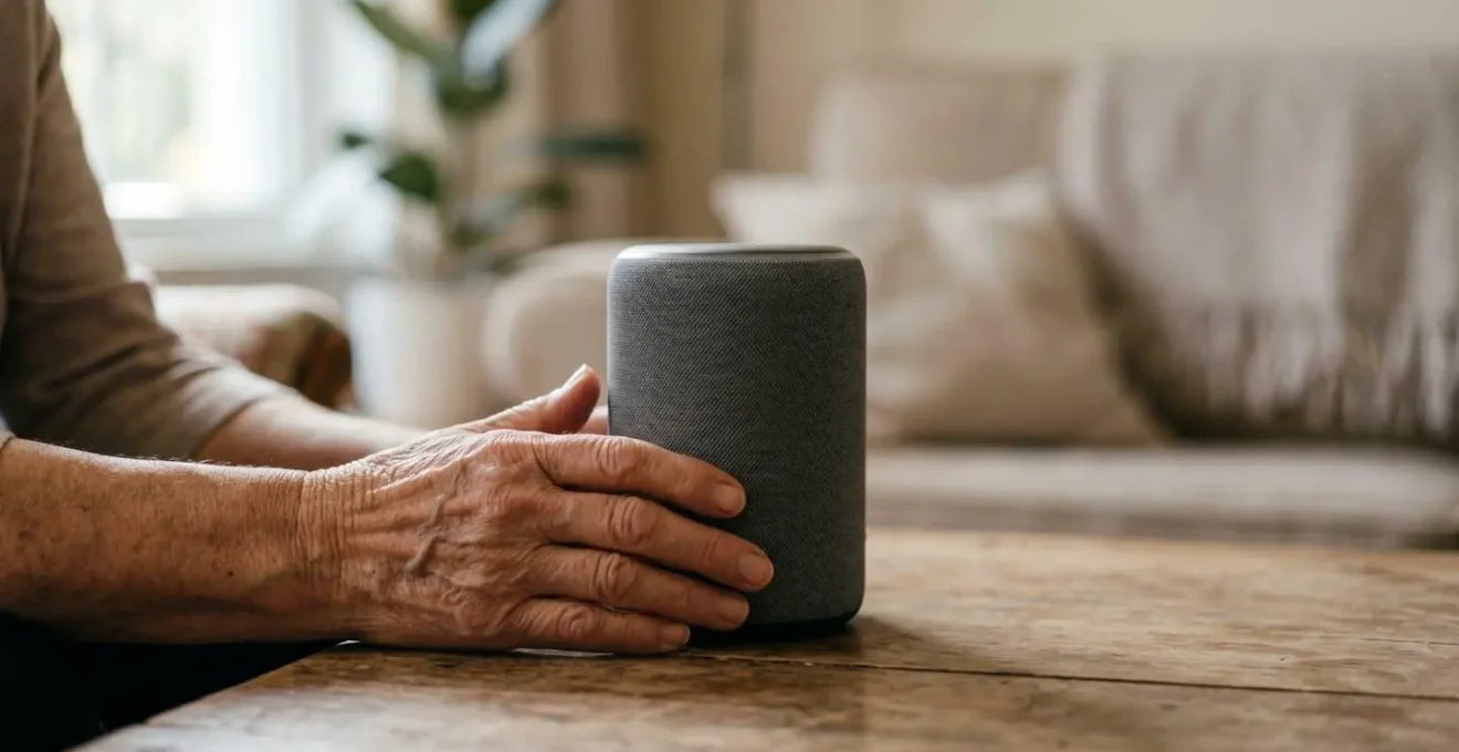 Gros plan sur des mains âgées interagissant naturellement avec un assistant vocal dans un environnement domestique chaleureux