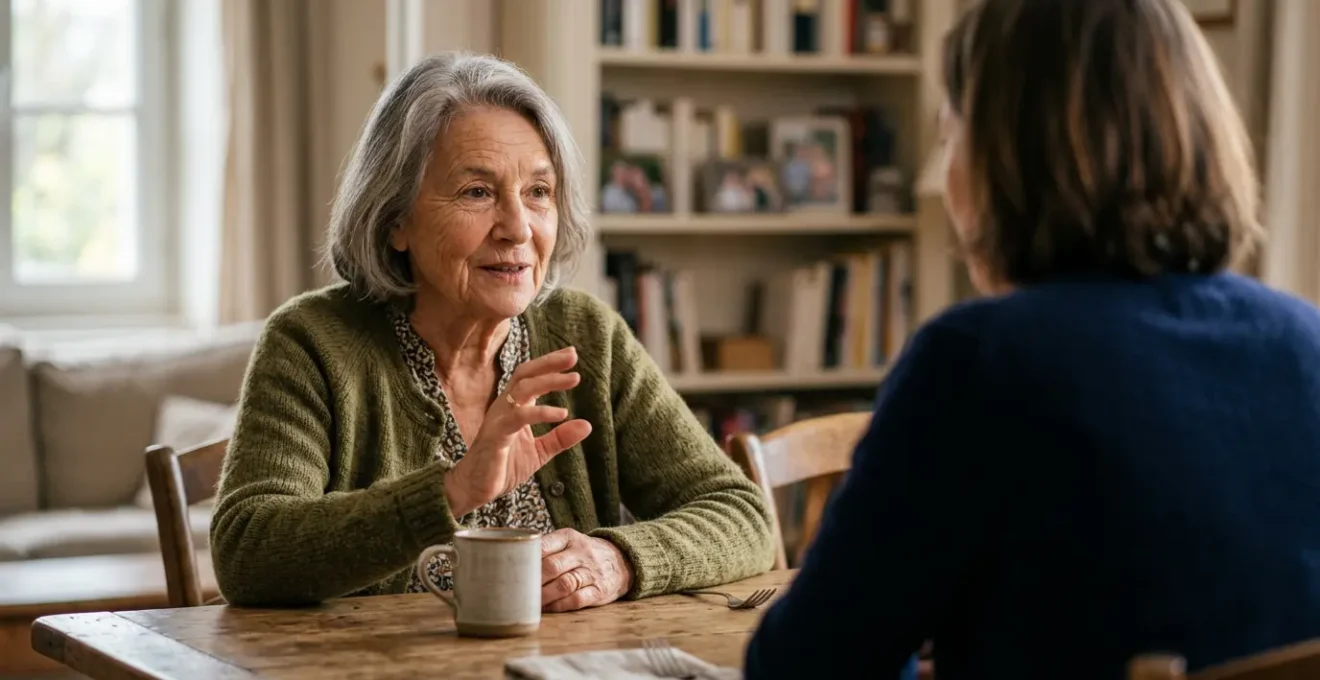 Personne âgée sereine affirmant son autonomie face à sa famille dans un cadre bienveillant