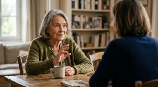 Personne âgée sereine affirmant son autonomie face à sa famille dans un cadre bienveillant