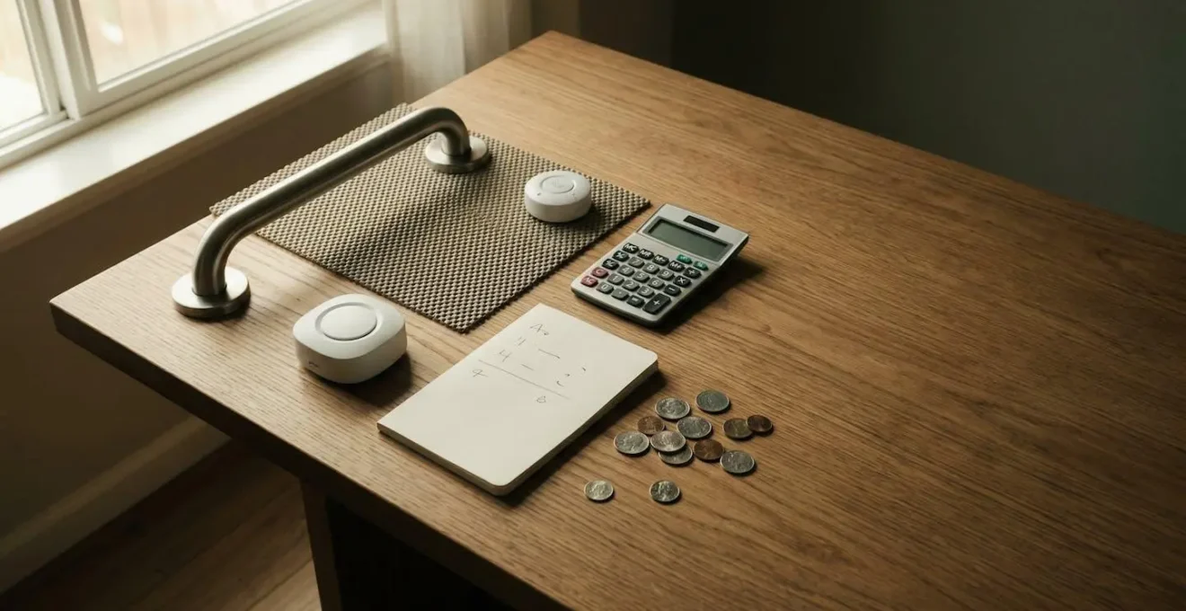Équipements de sécurité pour seniors disposés sur une table avec une calculatrice et un budget, symbolisant la priorisation des adaptations de sécurité à domicile