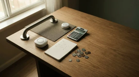 Équipements de sécurité pour seniors disposés sur une table avec une calculatrice et un budget, symbolisant la priorisation des adaptations de sécurité à domicile
