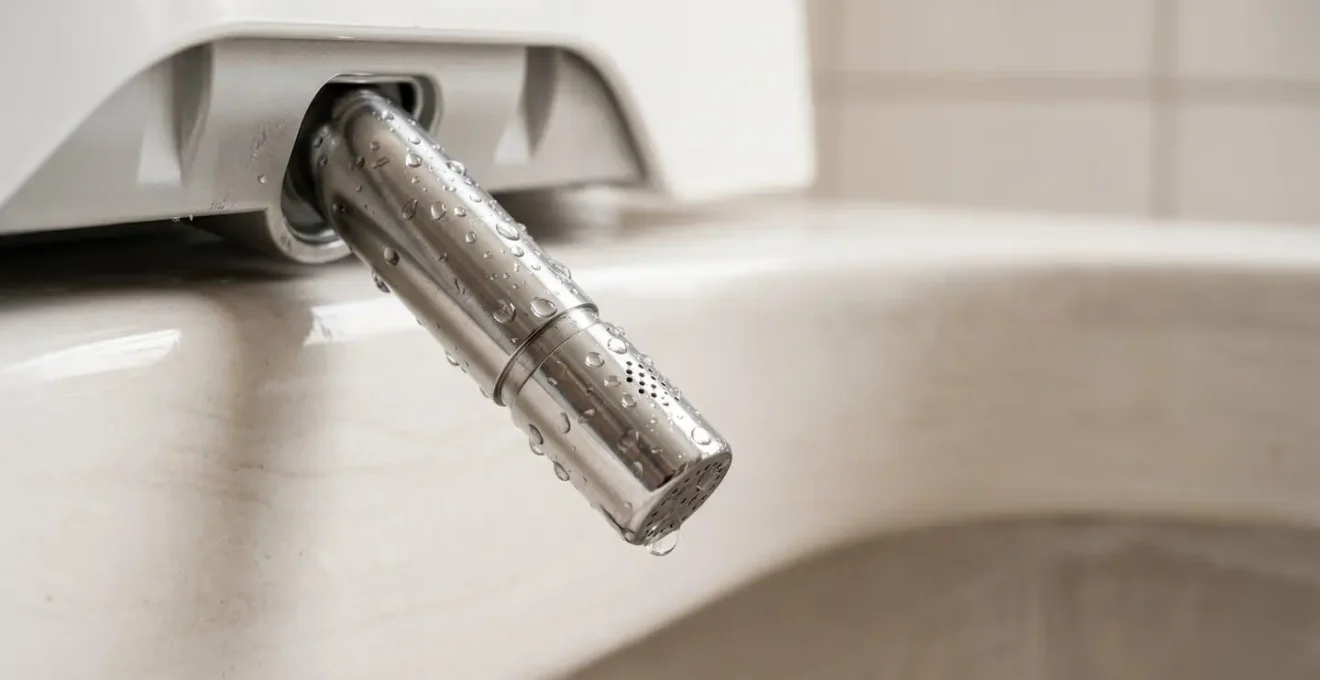 Gros plan macro sur les buses auto-nettoyantes d'un WC lavant montrant la pureté de l'eau