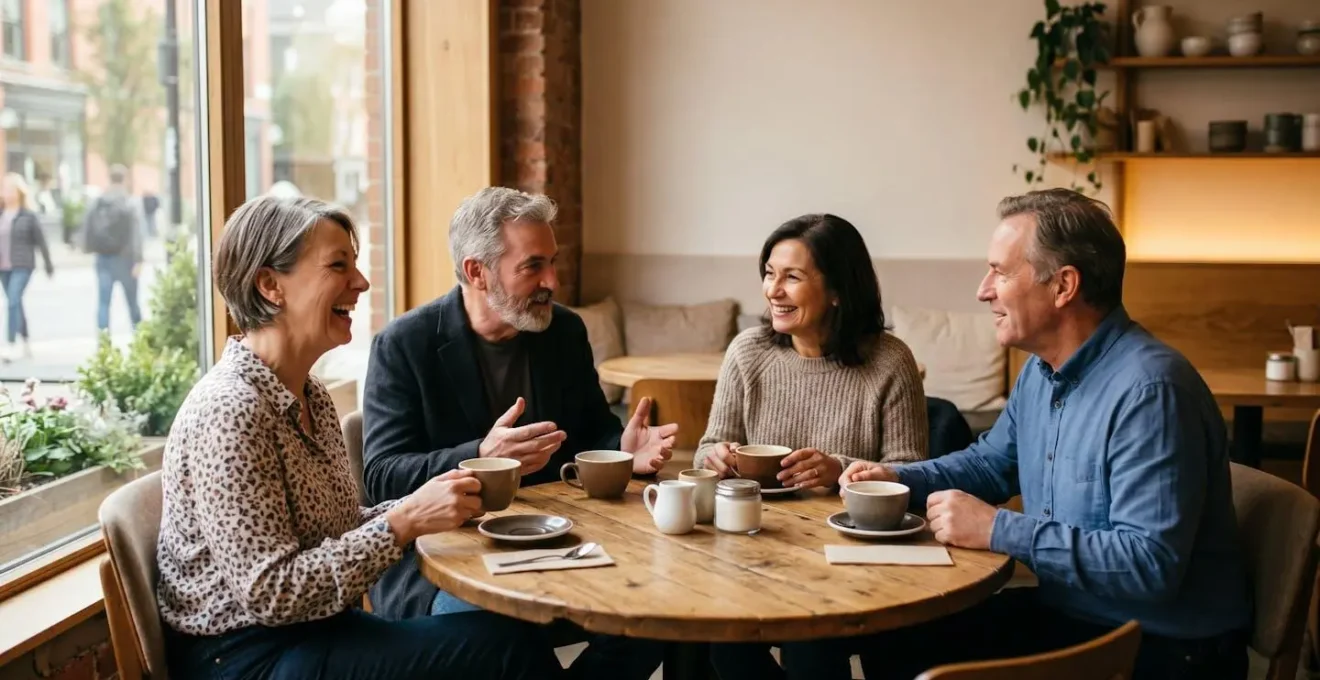 Moment convivial autour d'un café entre jeunes retraités créant des liens d'amitié authentiques