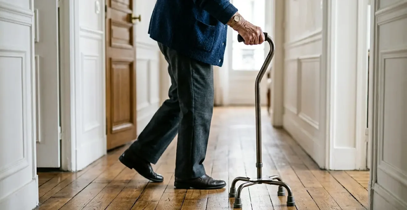 Patient hémiplégique utilisant une canne quadripode pour se déplacer en toute sécurité à domicile