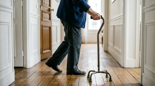 Patient hémiplégique utilisant une canne quadripode pour se déplacer en toute sécurité à domicile