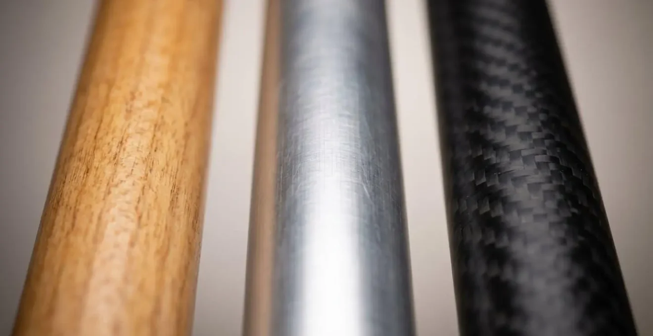 Gros plan sur les textures et matériaux de différentes cannes : grain du bois naturel, aluminium brossé et fibre de carbone