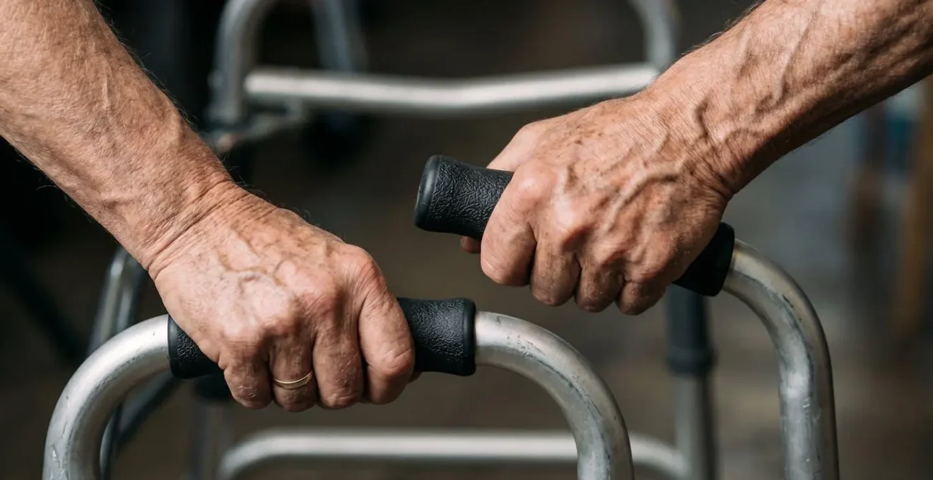 Vue macro détaillant les mains sur poignées de déambulateur à hauteurs différentes créant tension musculaire asymétrique visible