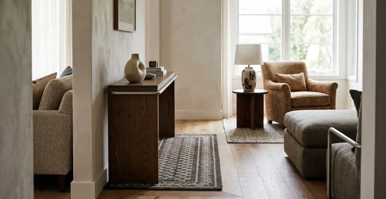 Salon organisé avec circuit de déambulation clair, mobilier stable servant de points d'appui et zones fonctionnelles délimitées pour faciliter les déplacements d'un senior