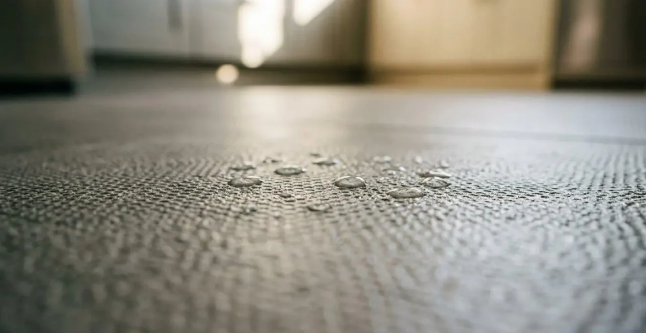 Gros plan sur la texture d'un sol de cuisine antidérapant révélant les micro-reliefs qui assurent la sécurité tout en restant facile à nettoyer