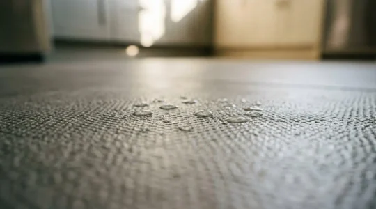 Gros plan sur la texture d'un sol de cuisine antidérapant révélant les micro-reliefs qui assurent la sécurité tout en restant facile à nettoyer