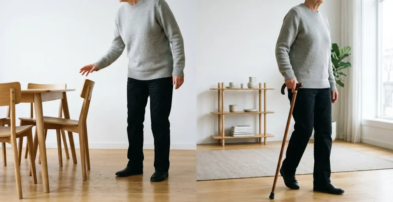 Scène minimaliste montrant une main cherchant appui sur un meuble instable versus une main tenant fermement une canne bien ancrée au sol