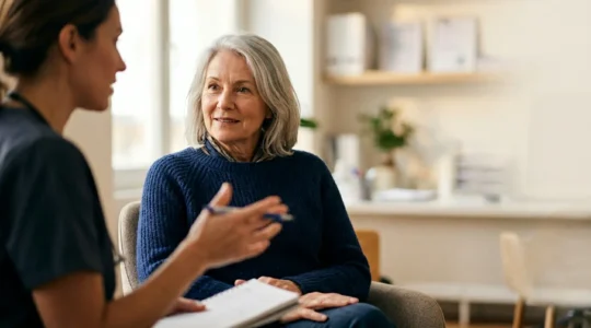 Personne senior consultant un professionnel de santé pour le suivi des facteurs de risque cardiovasculaires