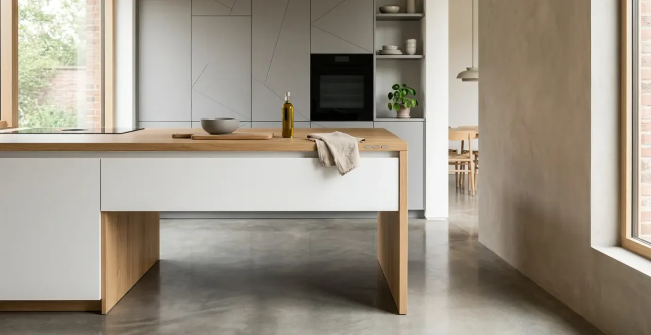 Plan de travail motorisé de cuisine moderne permettant un usage debout et assis en fauteuil roulant