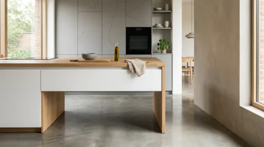 Plan de travail motorisé de cuisine moderne permettant un usage debout et assis en fauteuil roulant