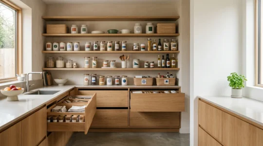 Cuisine moderne avec rangements ergonomiques à hauteur accessible, sans effort pour atteindre les objets