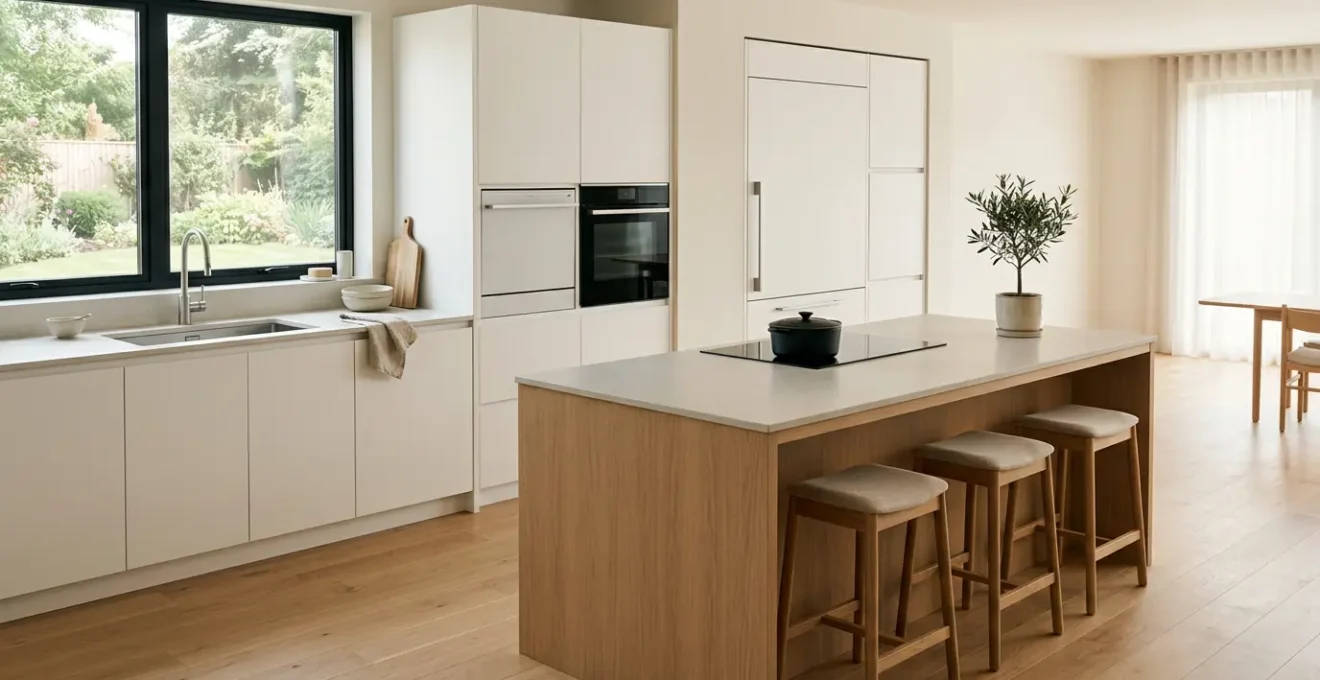 Vue d'ensemble d'une cuisine moderne et ergonomique avec un aménagement optimisé pour réduire les déplacements