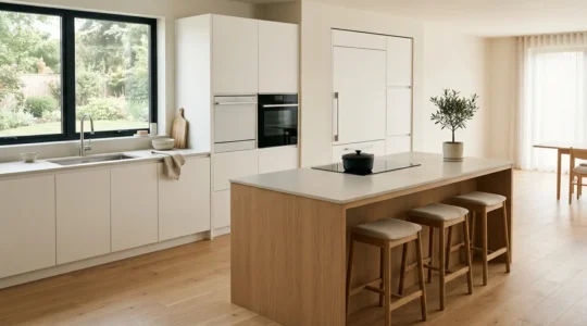 Vue d'ensemble d'une cuisine moderne et ergonomique avec un aménagement optimisé pour réduire les déplacements