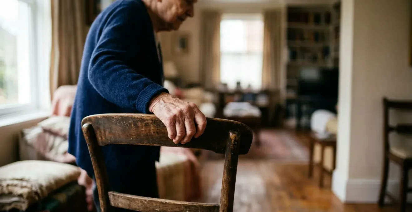 Personne âgée s'appuyant de manière précaire sur une chaise instable dans un intérieur domestique