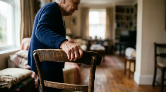 Personne âgée s'appuyant de manière précaire sur une chaise instable dans un intérieur domestique