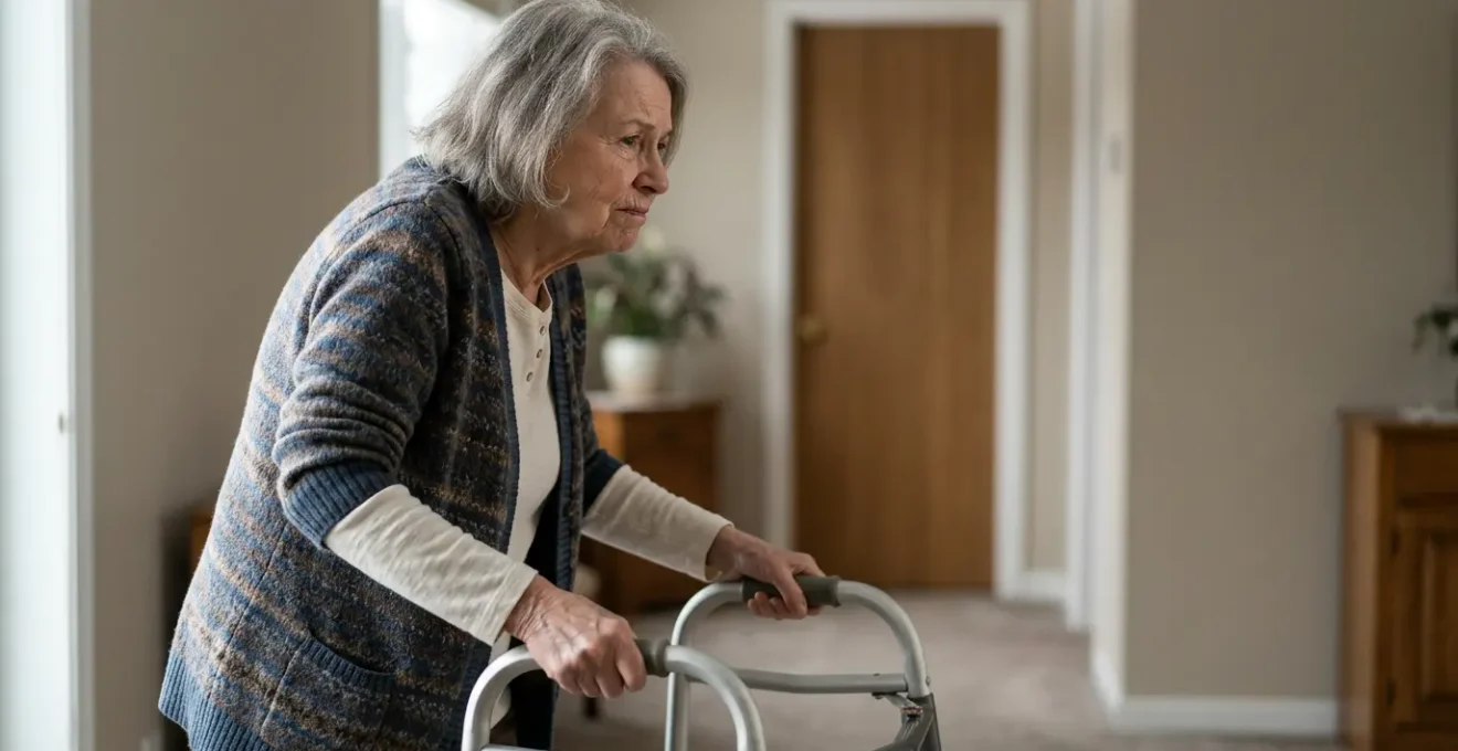 Personne âgée utilisant un déambulateur mal réglé avec posture incorrecte provoquant tension dorsale et épaules remontées