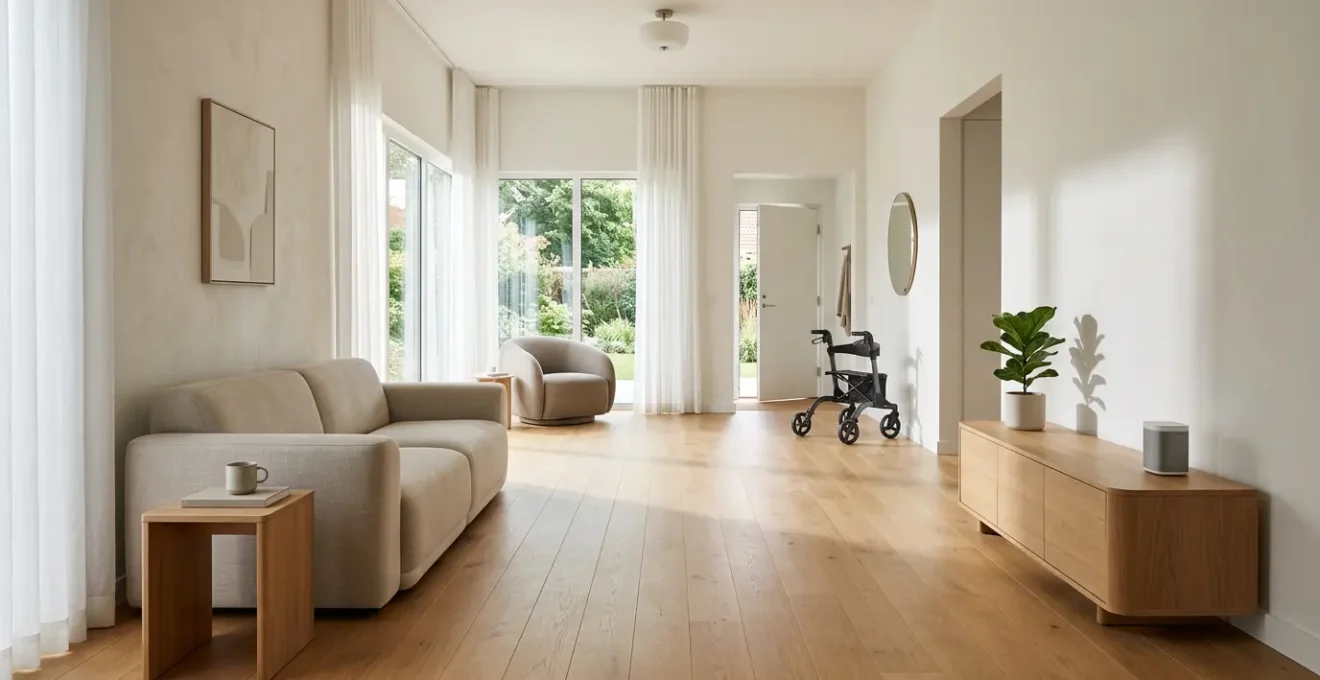 Salon désencombré avec larges zones de passage dégagées pour faciliter la circulation d'un déambulateur