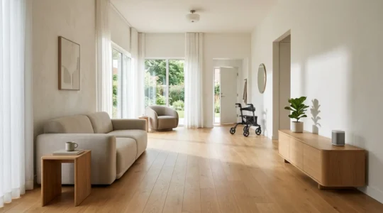 Salon désencombré avec larges zones de passage dégagées pour faciliter la circulation d'un déambulateur