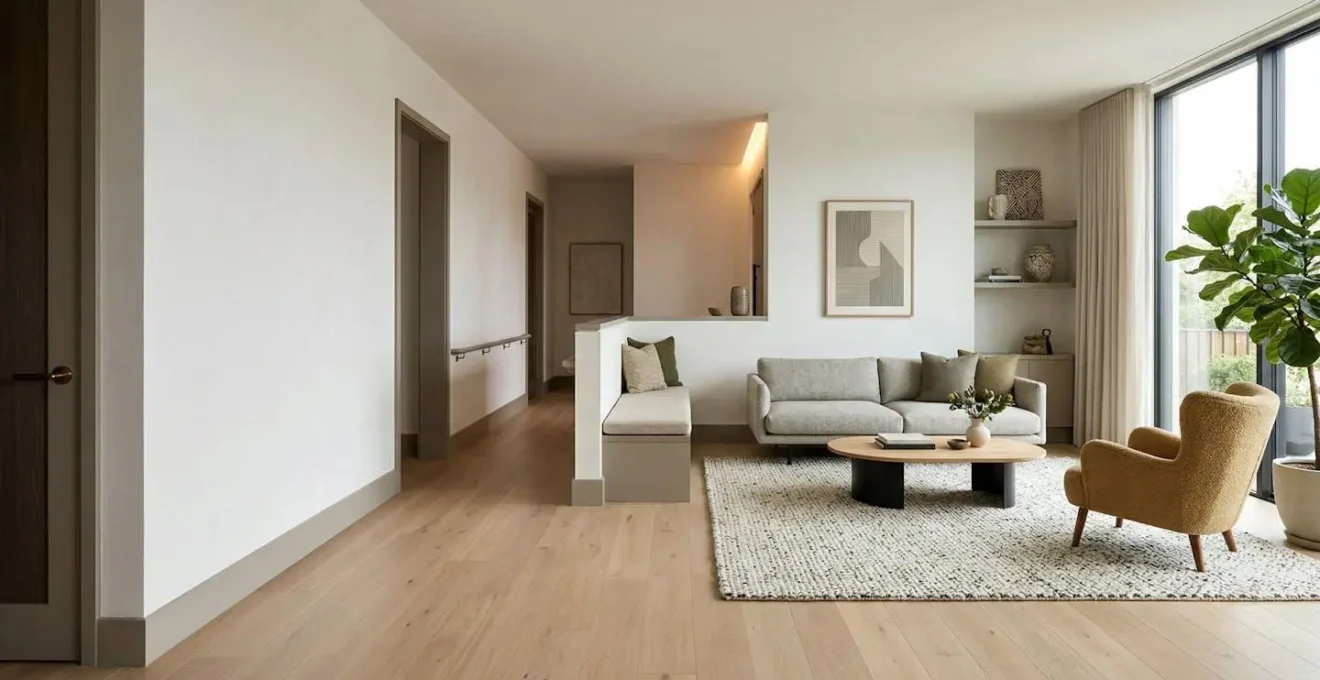 Intérieur contemporain élégant et accessible illustrant les principes du design universel dans un salon lumineux