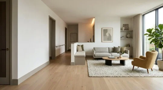 Intérieur contemporain élégant et accessible illustrant les principes du design universel dans un salon lumineux