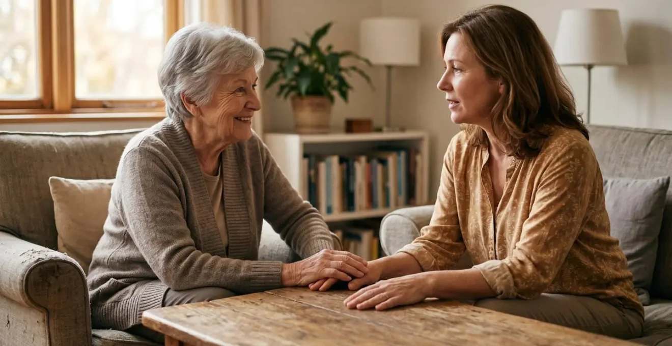 Deux personnes en conversation rapprochée montrant une écoute empathique, illustrant la communication bienveillante avec une personne atteinte de troubles cognitifs