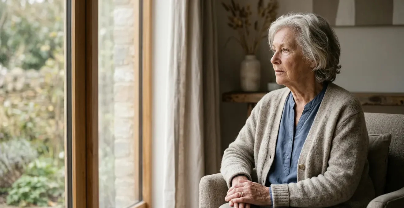 Personne âgée assise près d'une fenêtre dans une atmosphère contemplative évoquant la réflexion sur la santé mentale