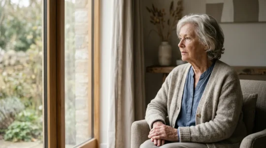 Personne âgée assise près d'une fenêtre dans une atmosphère contemplative évoquant la réflexion sur la santé mentale