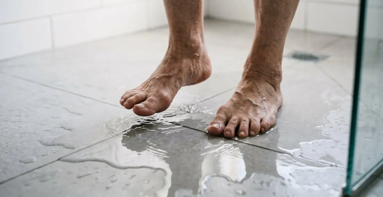Vue en plongée d'un sol de douche à l'italienne avec de fines flaques d'eau stagnante qui transforment la surface antidérapante en zone glissante