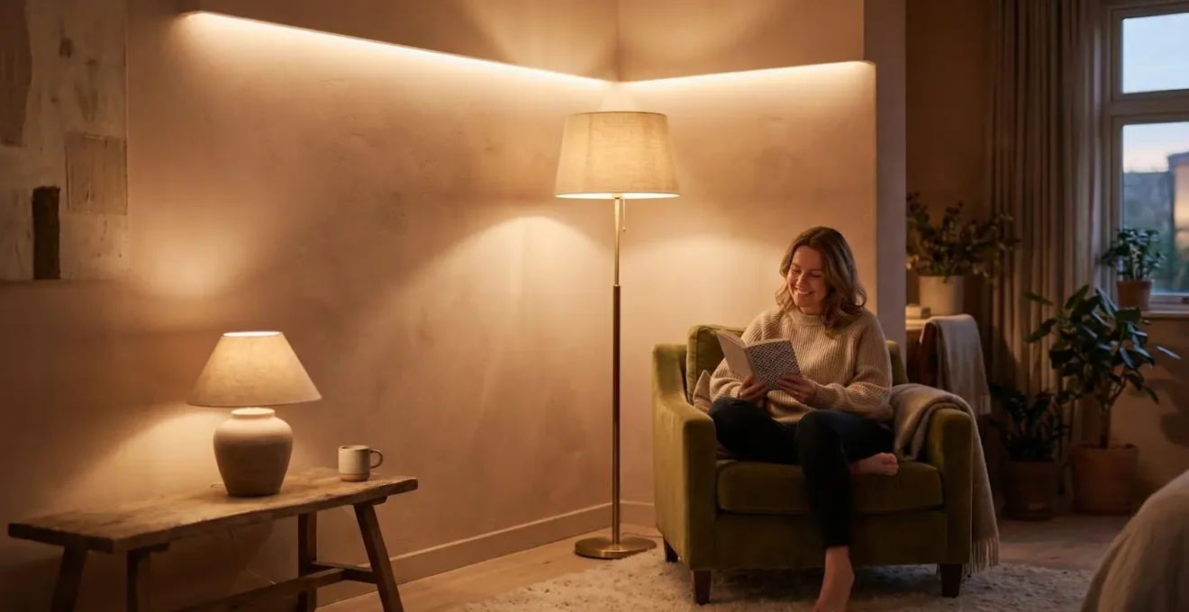 Éclairage d'intérieur stratifié avec sources lumineuses indirectes créant une ambiance chaleureuse et accueillante