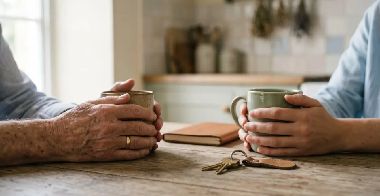 Rencontre informelle entre une personne âgée et un jeune étudiant autour d'une table de cuisine, échangeant dans une atmosphère détendue