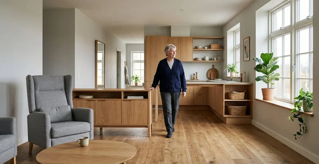 Intérieur lumineux et accueillant aménagé pour favoriser l'autonomie d'un senior avec mobilier ergonomique et circulation fluide