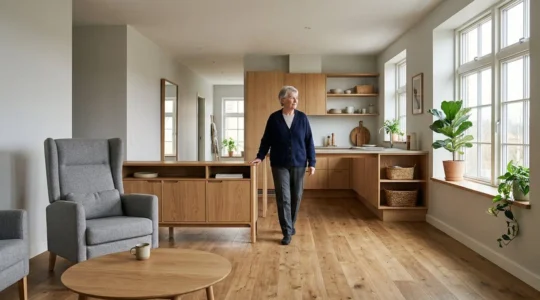 Intérieur lumineux et accueillant aménagé pour favoriser l'autonomie d'un senior avec mobilier ergonomique et circulation fluide