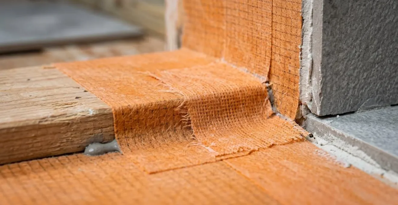 Détail technique de la jonction sol-mur d'une douche à l'italienne sur plancher bois avec bandes d'étanchéité et membrane de désolidarisation