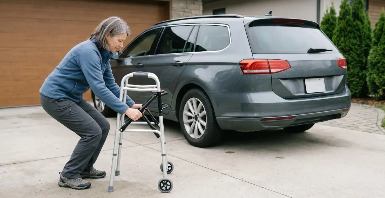 Vue d'ensemble montrant personne pliant déambulateur avec technique ergonomique correcte genoux fléchis dos droit