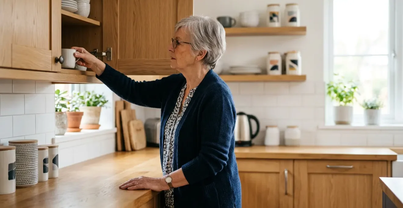 Personne âgée dans une cuisine bien éclairée effectuant un geste quotidien