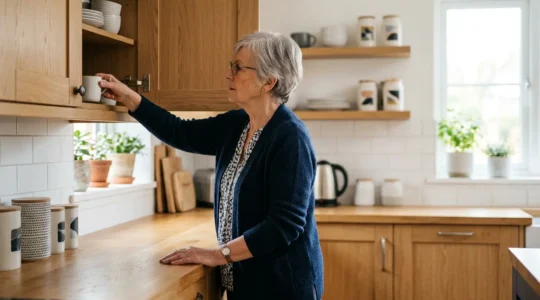 Personne âgée dans une cuisine bien éclairée effectuant un geste quotidien