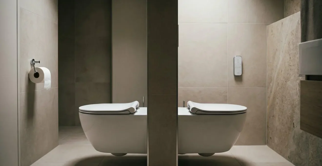 Contraste visuel entre un geste douloureux de torsion pour atteindre le papier toilette et un simple appui sur un bouton de télécommande de WC lavant