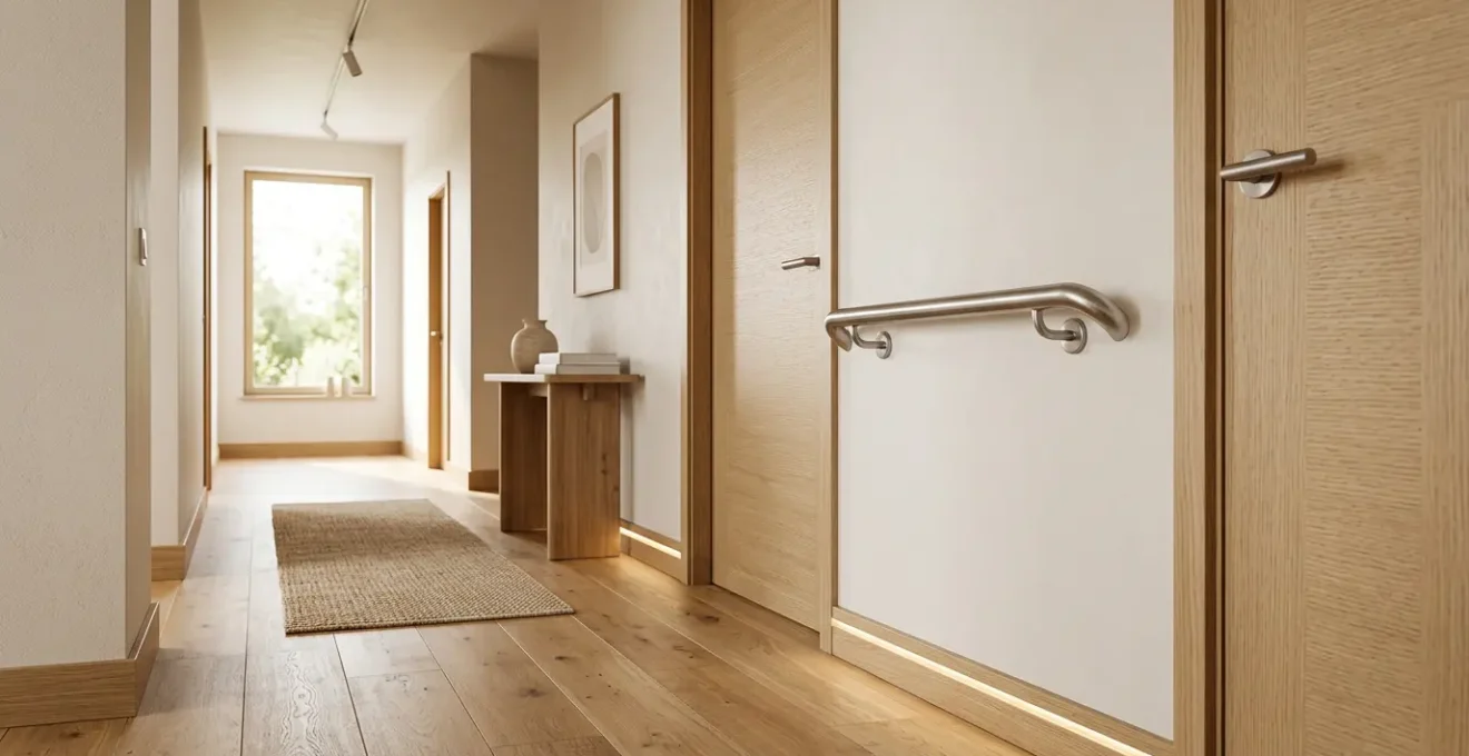 Scène chaleureuse montrant des équipements d'accessibilité installés dans un intérieur domestique moderne