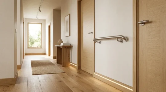 Scène chaleureuse montrant des équipements d'accessibilité installés dans un intérieur domestique moderne