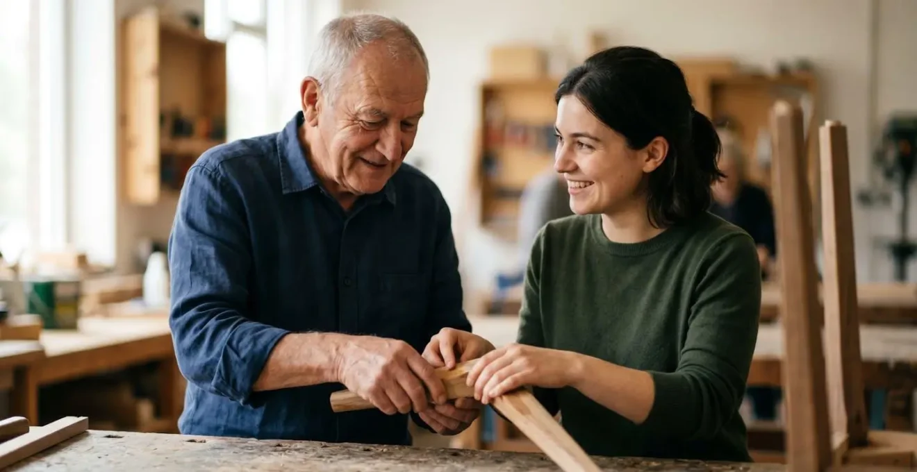 Scène d'un atelier intergénérationnel où un senior transmet ses compétences à un jeune adulte dans une ambiance chaleureuse