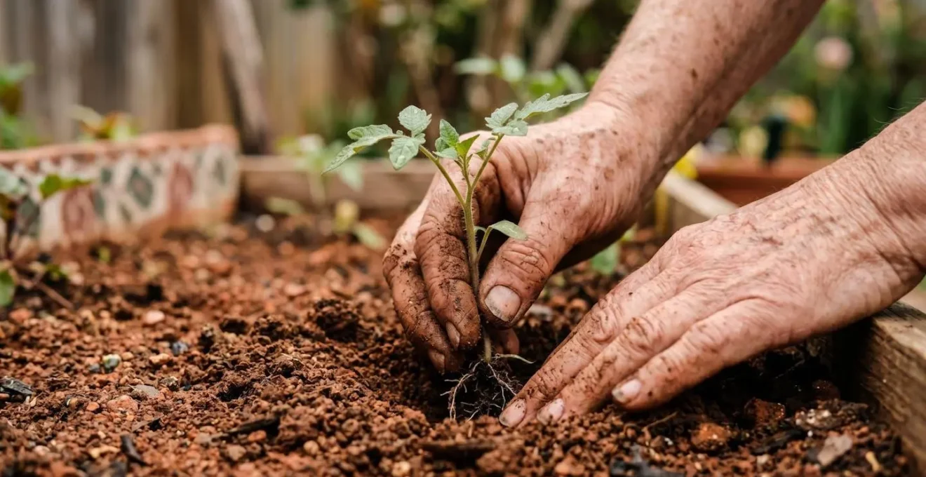 Mains âgées plantant délicatement une jeune pousse dans un pot de terre avec bacs surélevés en arrière-plan