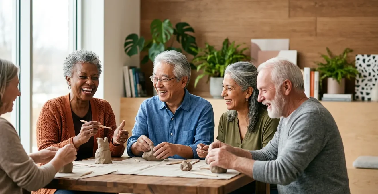 Jeunes retraités dynamiques participant à une activité de groupe engageante dans un espace moderne et chaleureux