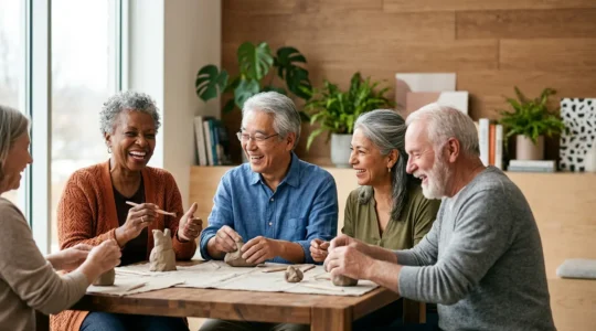 Jeunes retraités dynamiques participant à une activité de groupe engageante dans un espace moderne et chaleureux