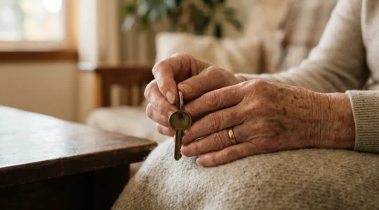 Gros plan sur des mains âgées tenant délicatement un objet familier dans une lumière naturelle douce, évoquant la fragilité de la mémoire