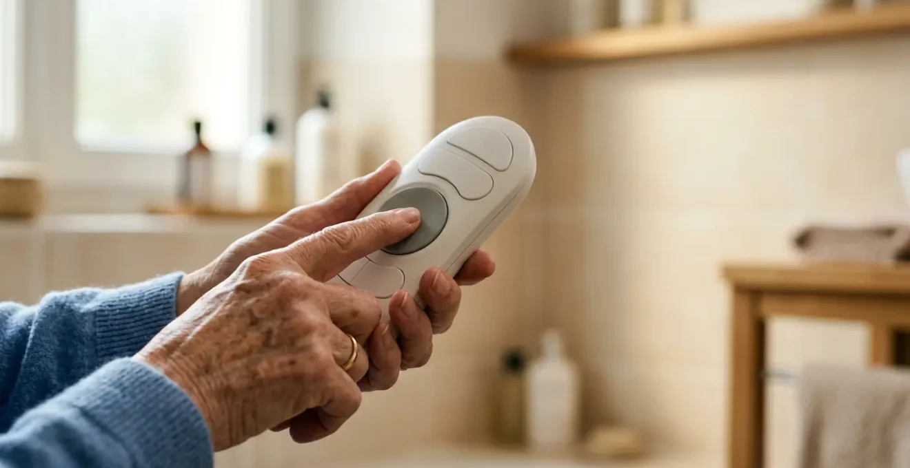 Main âgée avec arthrose activant facilement une télécommande de WC lavant japonais, symbolisant l'autonomie et le confort hygiénique